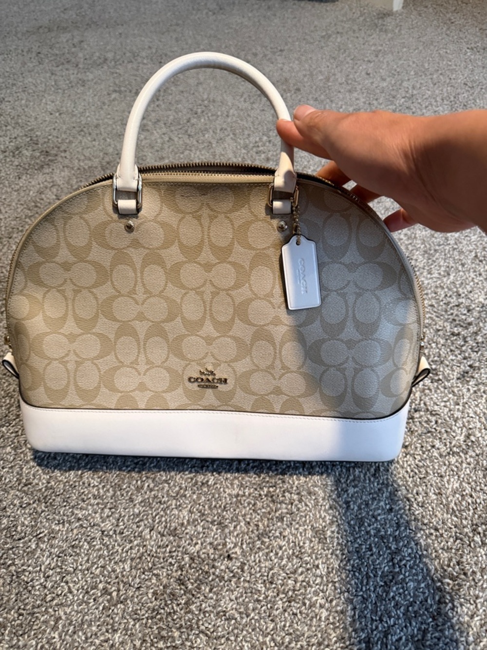 Coach Beige Signature Dome Satchel with White Trim